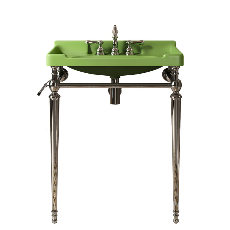 28" Ceramic Bathroom Vanity Sink, 3 Faucet Mounting Holes, Stainless Steel Support With Detachable Towel Bar, Appearance, High-Performance And Scratch- Holes In Basin, Legs Shine, Easy To Clean Stable