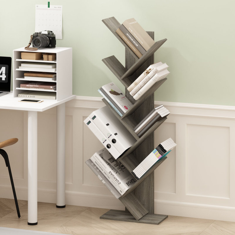 Korou Wood Geometric Bookcase, French Oak, (9 Shelves) 50.9" H x 15.7" W x 8.4" D