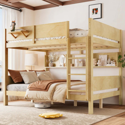 Bunk Bed with Convenient Tray, Solid Wood Bunk Bed with Storage Shelves and Upgraded Slats