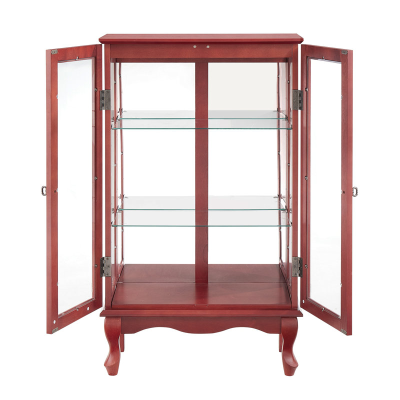 Élégante armoire vitrée à 2 portes avec portes en verre trempé, panneau arrière en miroir et tablettes réglables - Vitrine lumineuse pour la maison et le bureau (ampoule incluse) - Finition cerisier