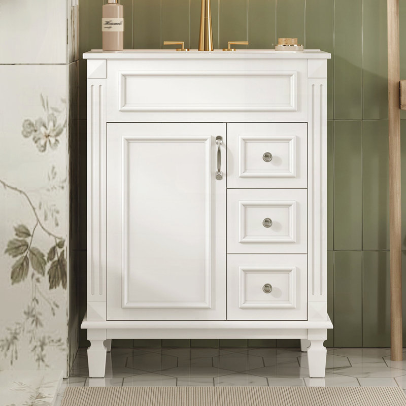 Meuble-lavabo 30 po avec lavabo en céramique, Blanc / Doré, 30"