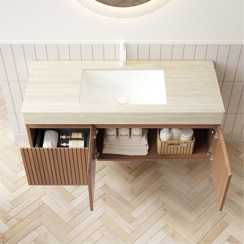 Meuble-lavabo de salle de bain 48 po avec lavabo MURI, armoire de rangement murale en contreplaqué avec tiroir et 2 portes, comptoir à motif de travertin avec lavabo Roma