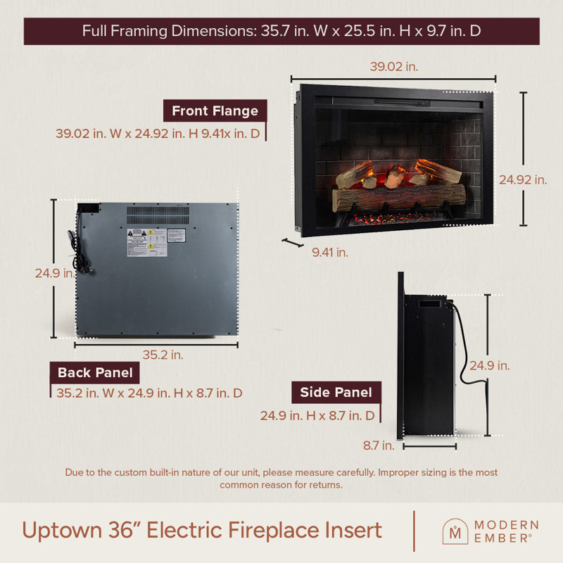 Uptown Infrared Electric Fireplace Insert Heater, Compatible with Alexa & Google Home, 24.92" H x 39.02" W x 9.41" D