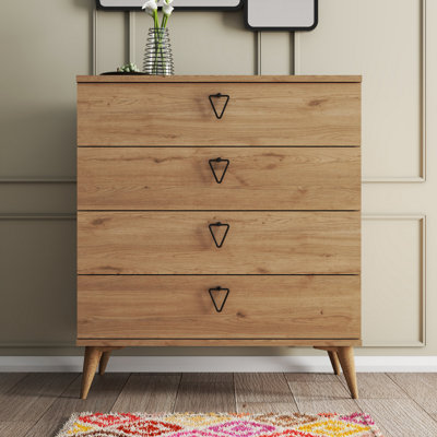 Commode élégante en chêne avec 4 tiroirs 31,5 po x 35,7 po x 17,7 po | 100% panneau de particules enduit de mélamine, épaisseur: 0,7 pouce | Design scandinave, nombreuses tablettes, pieds en plastique, fixation murale pour les maisons modernes