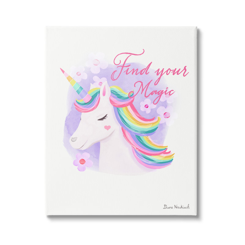 «Find Your Magic Bold Rainbow Floral Unicorn Mane» par Diane Neukirch - peinture sur toile tendue