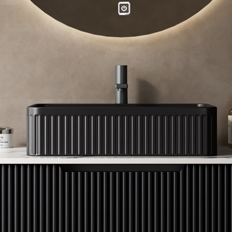 20'' Black Rectangular Ceramic Bathroom Sink Without Faucet, Curved Edges, High - Quality, No Water Standing Stillness Matte Basin For Bathroom, Nicely Crafted, Cabinet