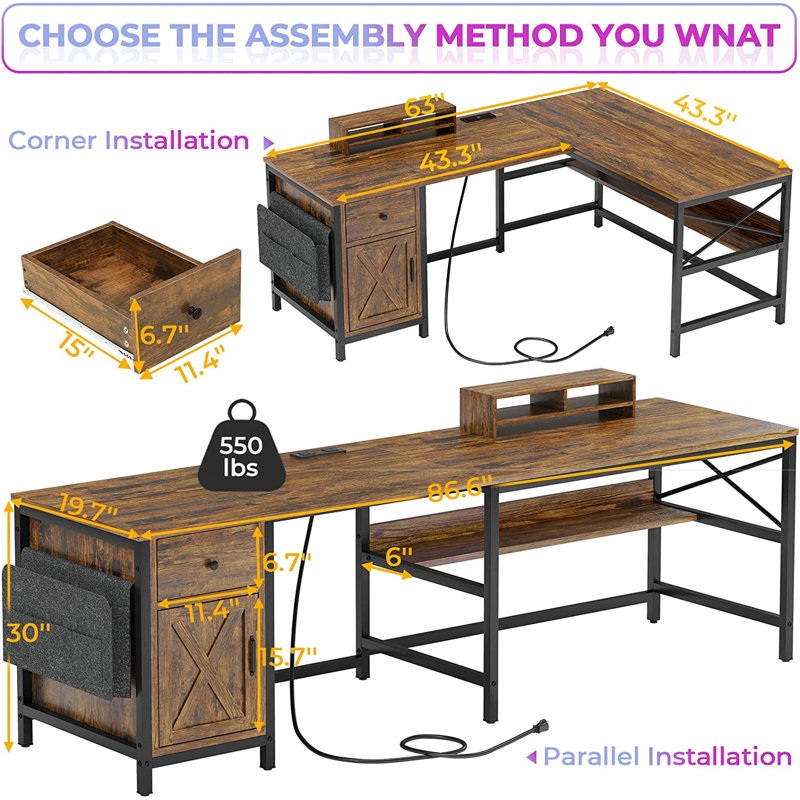 Josphua L-Shaped Computer Desk with Power Outlet, Brown/Black
