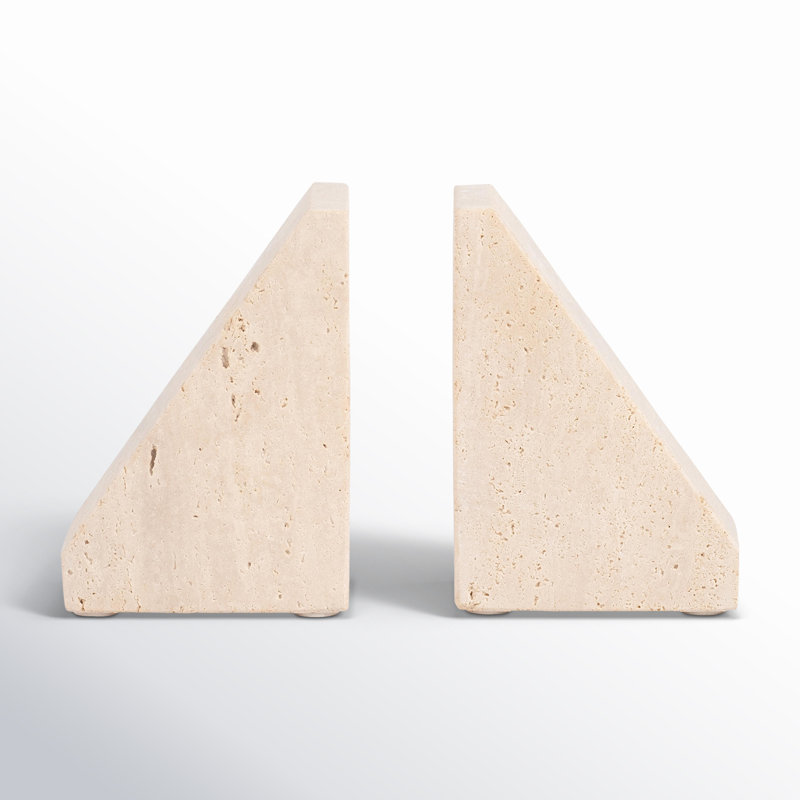 Elegant Travertine Stone Triangle Bookends, Tan Color, Perfect for Home Decor and Organization, Set