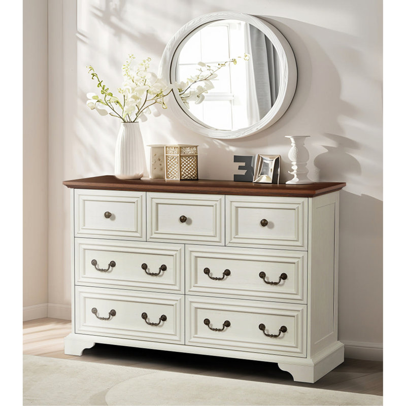 Commode 7 tiroirs Farmhouse pour chambre à coucher, commode rustique avec texture naturelle, design rétro, rangement pour commodes de chambre à coucher, salon, couloir, blanc antique