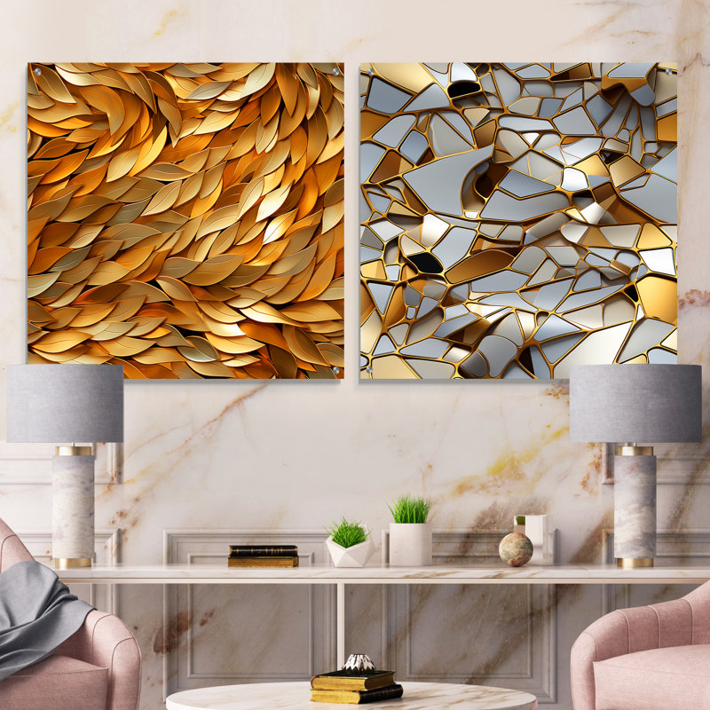 Écailles de poisson doré - ensemble de 2 peintures murales abstraites en acrylique, H 16 po x l 33 po