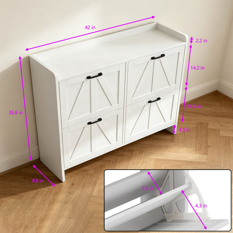 Slim 10" Shoe Cabinet – White Finish, 4 Flip Drawers, Holds 30 Pairs, Adjustable Shelves, Barn Door Storage for Small Entryways