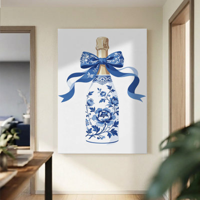 Floral Champagne Toast Festive Botanical Canvas Wall Art, 24" x 36" Gallery Wrapped Canvas Print, Blue & White Celebration Wall Decor for Dining Room, Kitchen & Home Bar