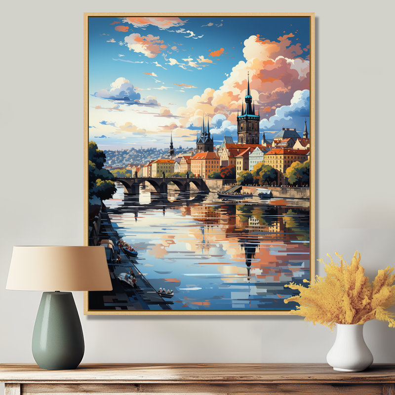 «Blue Beige City», Popart, art mural de Prague, H 44 po x l 34 po x P 1,5 po, Cadre flottant érable