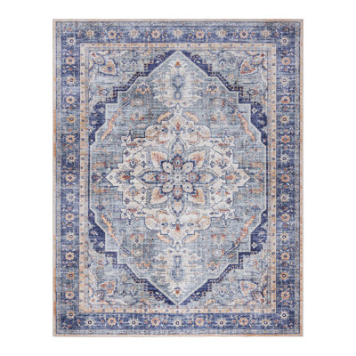 Samira Tiefi Navy Blue Ivory Multi Machine Washable Traditional Medallion Indoor Area Rug, Flat Pile for Living Room & Bedroom - Navy, 8x10
