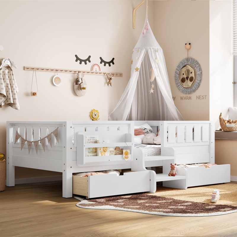 Twin Kids Floor Bed with Stairs, Rails and Slats,Twin Size Montessori Floor Bed with Bookshelf and 2 Storage Drawers,Easy Assemble Montessori Beds Frame,White