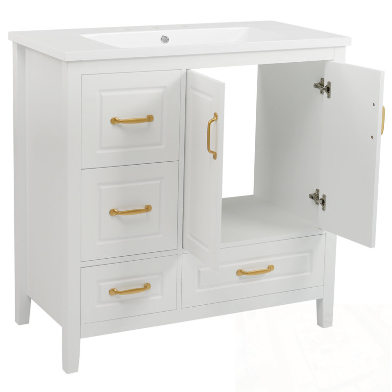 Meuble-lavabo de salle de bain avec lavabo, portes à fermeture douce et 4 tiroirs à fermeture douce, Blanc