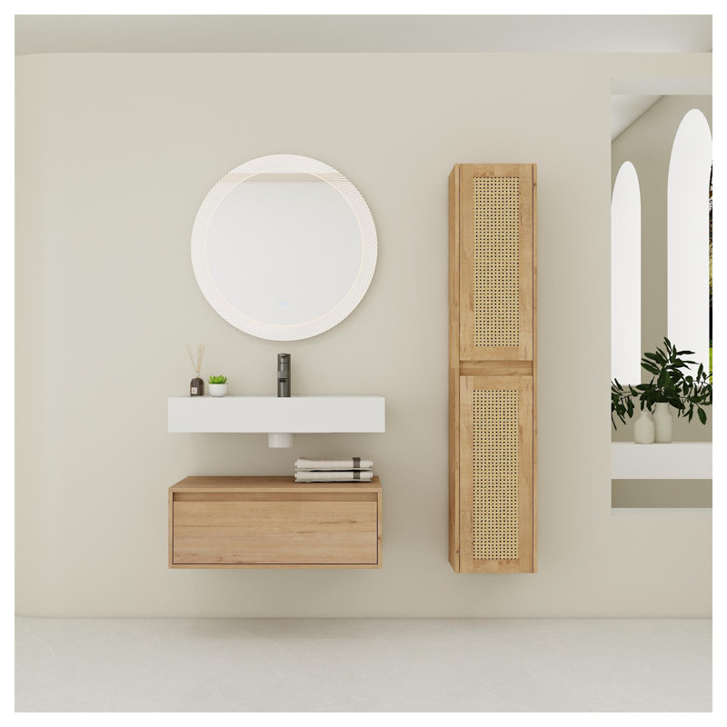 Meuble-lavabo mural 30 po avec lavabo en résine imitation chêne