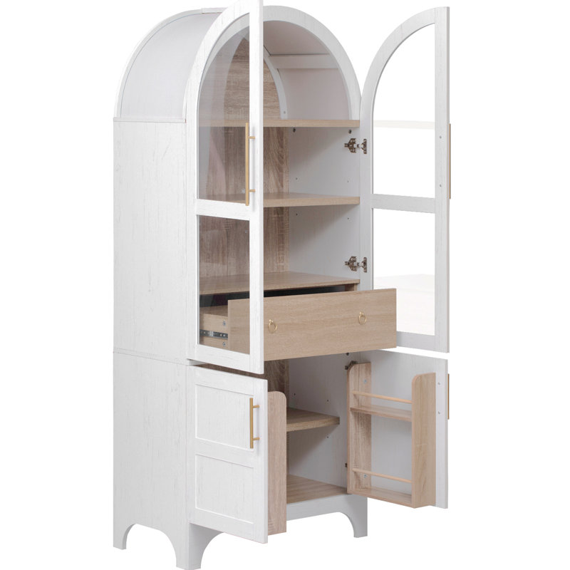 71"H Arched China Cabinet Kitchen Pantry Cabinet With Glass Doors And Adjustable Shelves, Farmhouse Versatile Display Storage Cabinet Bookcase With Hidden Drawer For Kitchen, Dining Room, Bathroom