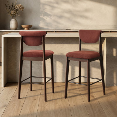 Mid-Century Upholstered Counter Stool with Solid Wood Frame, Curved Scroll Back, Soft Fabric Seat, Modern Kitchen Island Stool