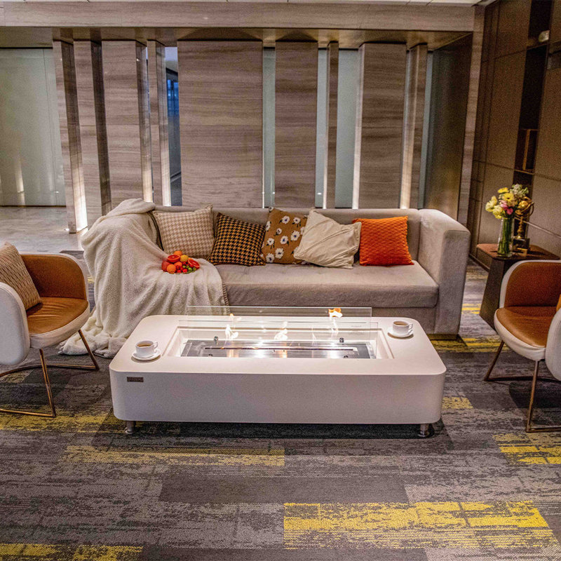White Rectangular Concrete Ethanol Fire Pit Coffee Table