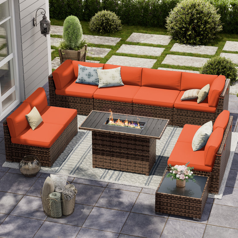 Avamay Rattan Sectional Seating Group with Cushions, Orange Performance Microfiber, Yes