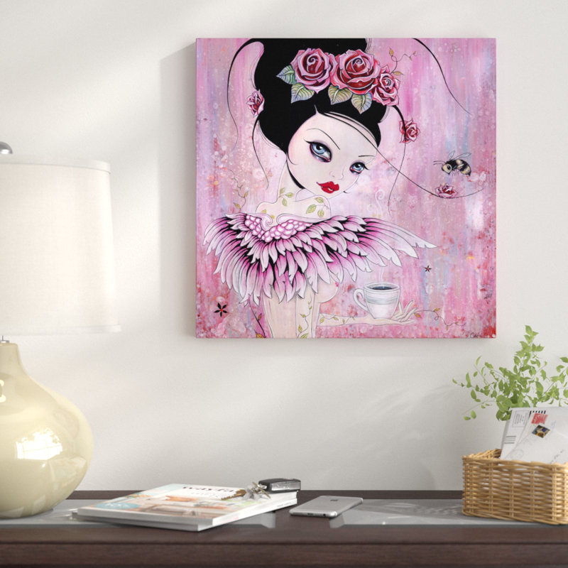 «Coffee Angel», reproduction d'art sur toile tendue, H 18 po x l 18 po x P 1,5 po, Toile avec cadre flottant noir