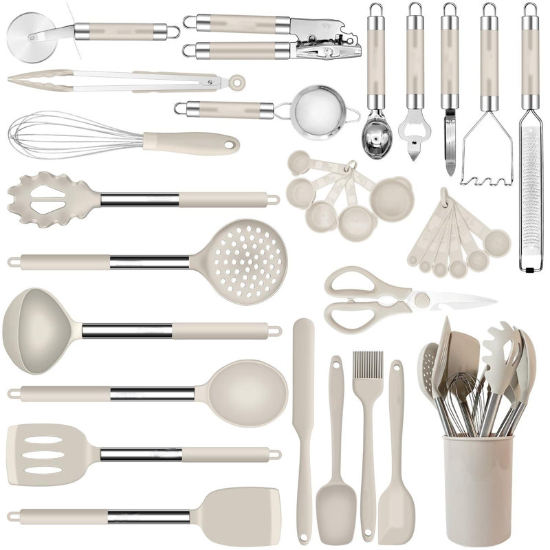 Khaki Non-Stick Silicone and Stainless Steel 33-Piece Cooking Utensils Set