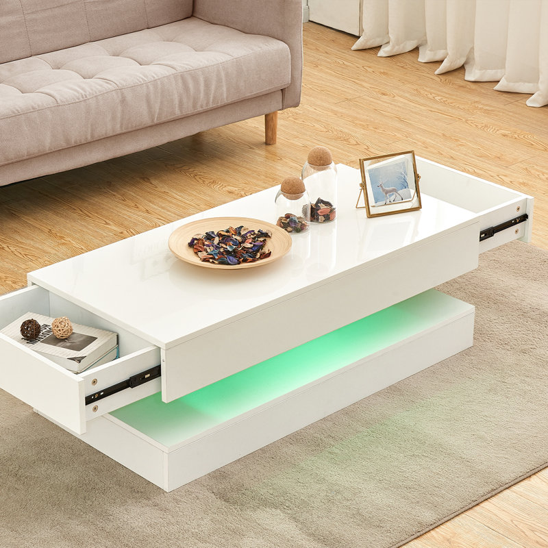 High Gloss White Coffee Table with Led Light Side Drawer Storage