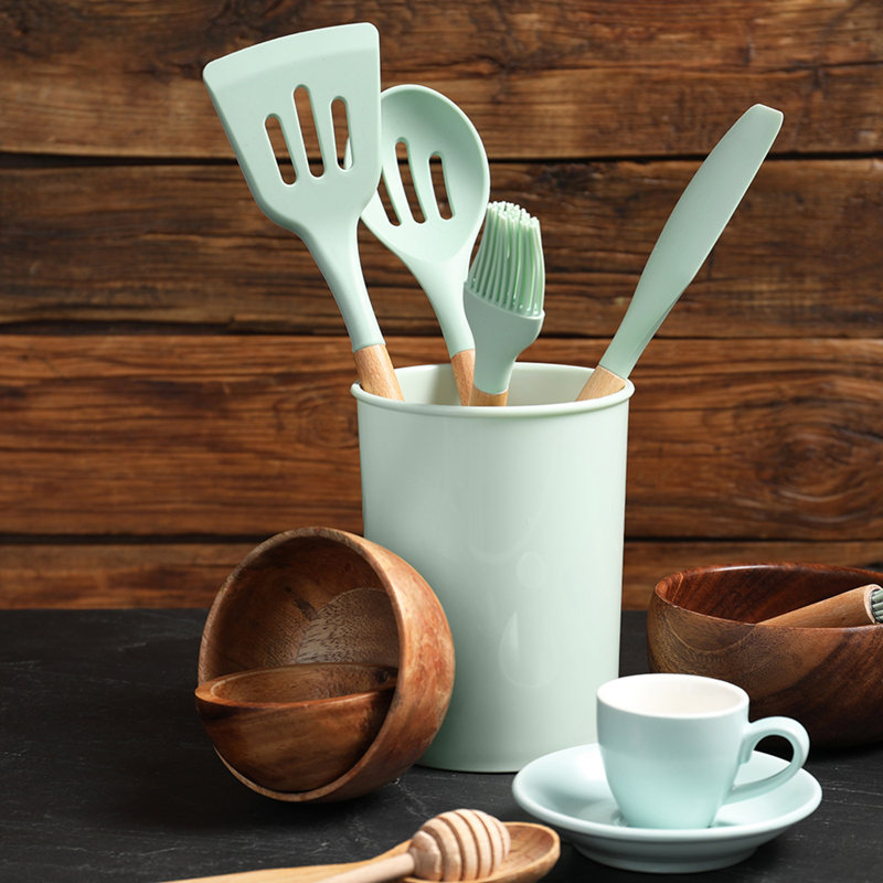 Ensemble d'ustensiles de cuisine en silicone avec poignées en bois antidérapantes et support de rangement, Menthe