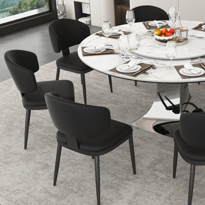 59" Round Sintered Stone Dining Table + 8 PU Leather Chairs Set – Marble-Look Kitchen Table with Stainless Steel Titanium Base, Scratch & Heat Resistant Surface, Modern Dining Set for 6-8 People