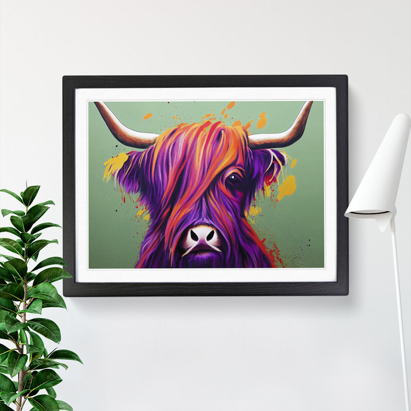 Highland Cow Splash Vol.2 Abstract - Single Picture Frame Print, Black, 25cm H x 34cm W x 2cm D