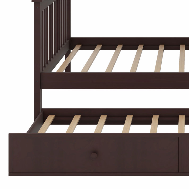 Lit superposé à escalier avec lit gigogne, rangement et garde-corps, Espresso