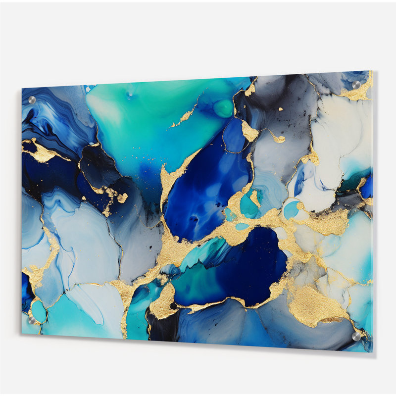 Art mural abstrait en acrylique bleu et doré pour salon, H 24 po x l 32 po