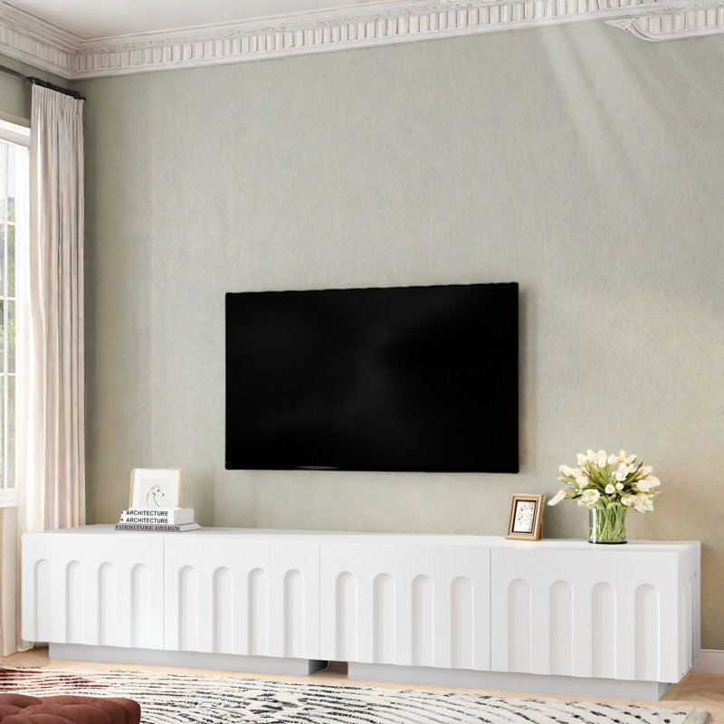 Table basse moderne à double usage avec meuble télé arqué et 4 tiroirs, Blanc