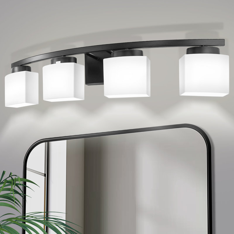 4-Light Modern Square Vanity Light For Bathroom, Bedroom With Curved Arms And Milk White Glass Shades, Matte Black