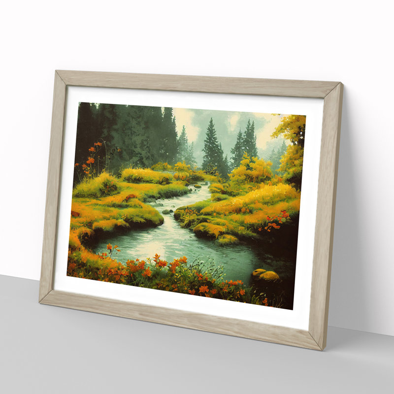Blooming Forest Stream - Framed Print, 46cm H x 64cm W x 2cm D, Oak