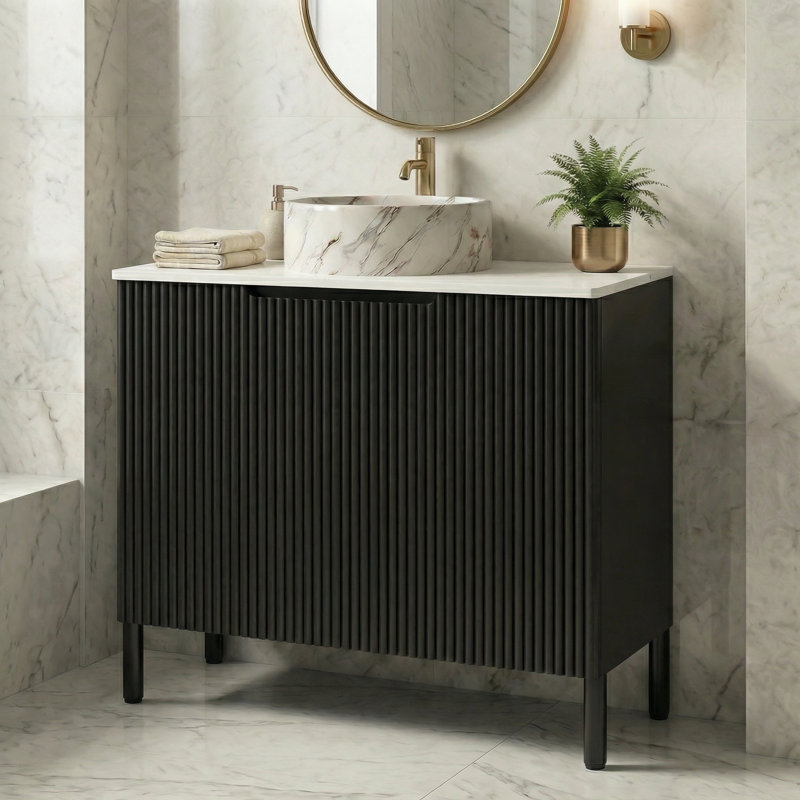 30" Freestanding Bathroom Vanity with Sintered Stone Countertop, Fluted Doors, Soft-Close Hardware & Multiple Vessel Sink Options