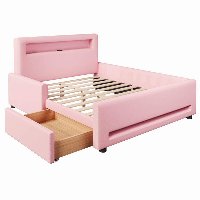 Full Size upholstered platform bed with drawer, LED light strip, USB port, Pink, Full, Pink