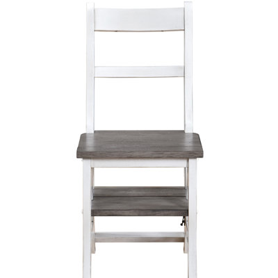 Foldable Ladderchair Of Solid Rubberwood For Home Dining Room, Dual - Purpose As Stepladder And Flower Stand, Rustic Natural Aesthetic, Antique White Main Color, 34.92 In Height Scale, 16.62 Depth