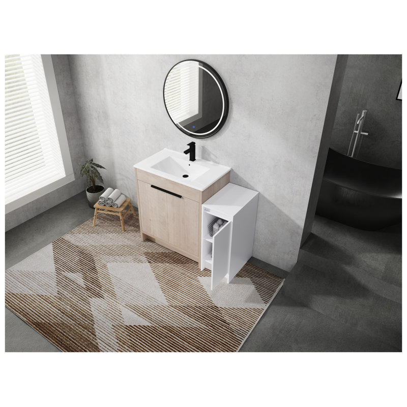 Meuble-lavabo autoportant de 42 po avec lavabo en céramique, finition blanc brillant ou chêne clair, armoire de contreplaqué moderne avec rangement inférieur