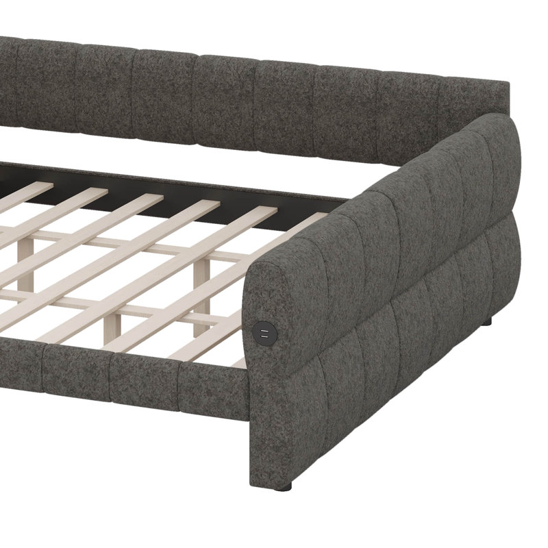 Upholstered Daybed, King Size Daybed Frame With 2 USB Ports, Backrest, And Armsets, Gray