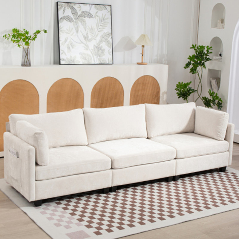 Canapé profond en chenille 3 places, Tissu beige