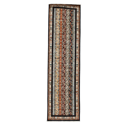 Tapis de couloir bleu marine / brun en laine noué à la main de conception unique 2 pi 8 po x 9 pi 8 po