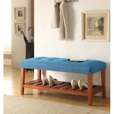 Wooden Frame Fabric Upholstered Entryway Bench With Tufted Padded Seat And Slatted Storage Shelf For Living Room