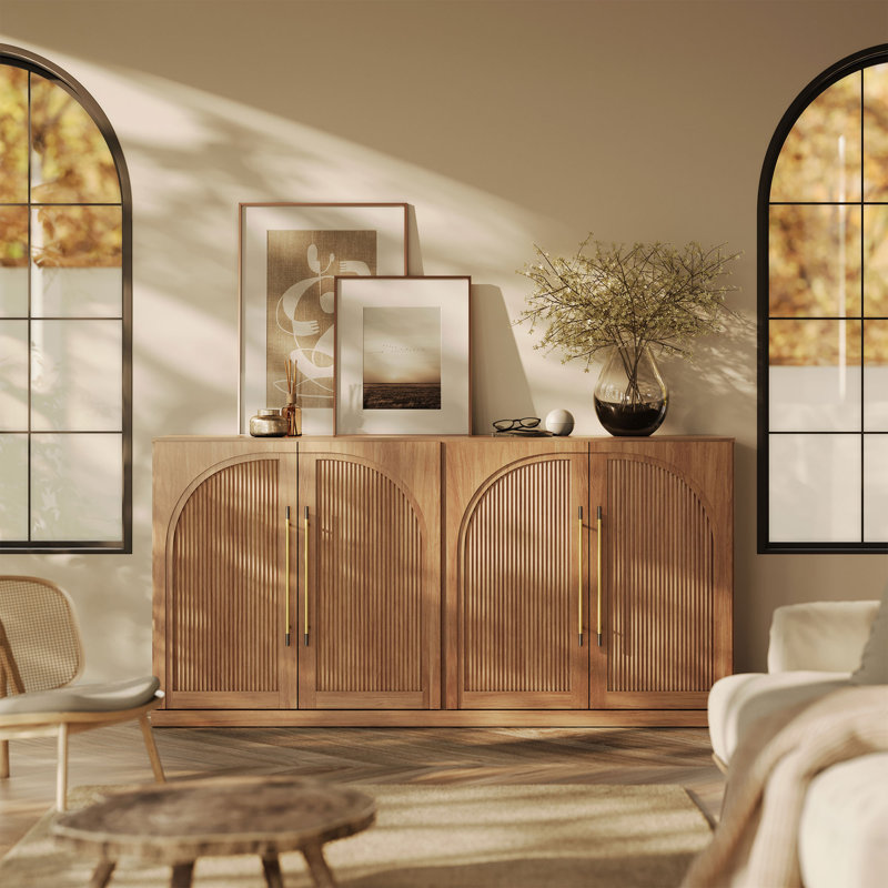 Ensemble de 2 buffets de 65 po avec portes en bois à double arc et tablettes réglables, brun clair, Chameau