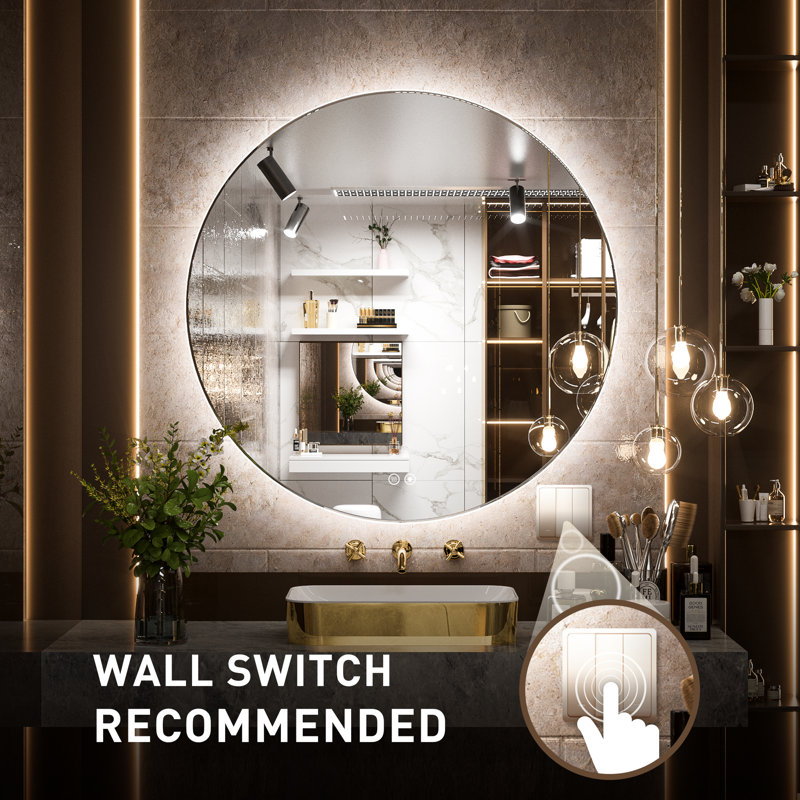 Losoya Frameless LED Lighted Bathroom Vanity Mirror Dimmable Round Mirror, 36" x 36"