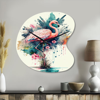 Cute Flamingos Floral Art III - Flamingo Irregular Shape Metal Wall Clock, Modern Asymmetrical Metal Wall Clock Print