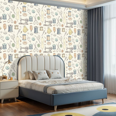 Peel and Stick Wallpaper Contact Paper Seamless hand drawn vintage sewing tools Sew machine scissors Self Adhesive and Removable 118in(300cm)