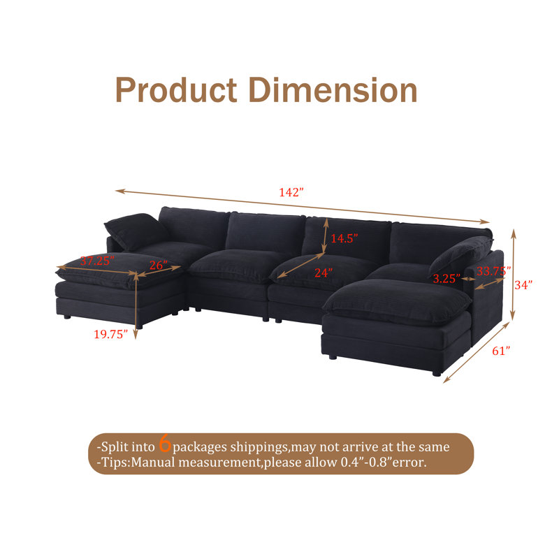 Canapé modulaire en forme de U de 6 pièces de 140 po en forme de U avec repose-pieds amovible, Velours côtelé noir