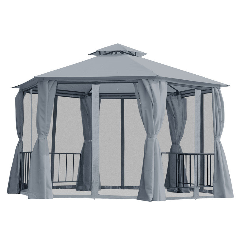 Hexagonal Patio Gazebo with Two-Tier Vented Roof, Privacy Curtains, and Mesh Netting, Grey, 3 x 3 m, for Outdoor Parties, Gardens, and Backyard Events